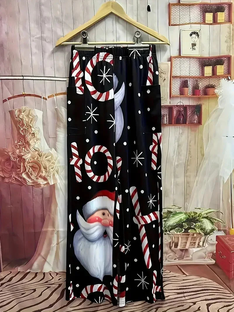 Plus Size Christmas Print Wide Leg Pants