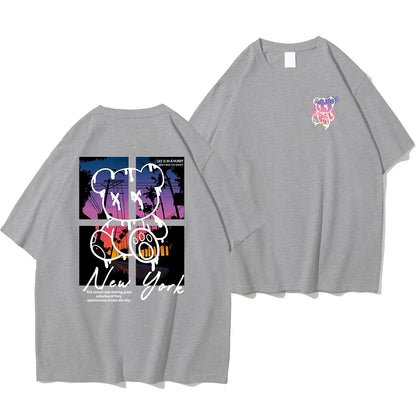 New York Art Cartoon Bear Sunset Cotton T-Shirt