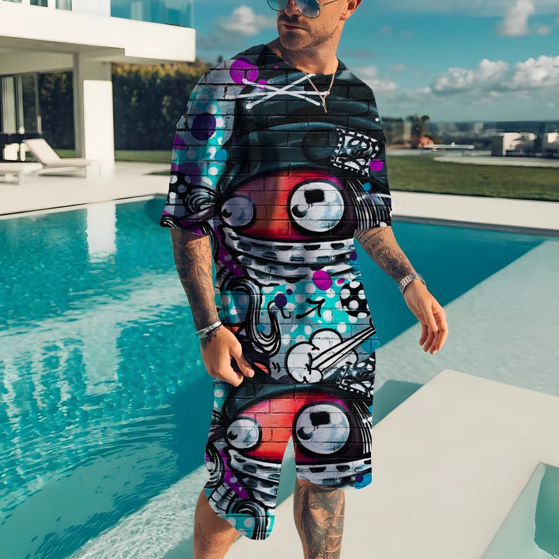 Men’s 2-Piece Summer Casual Set – 3D Print T-Shirt & Shorts