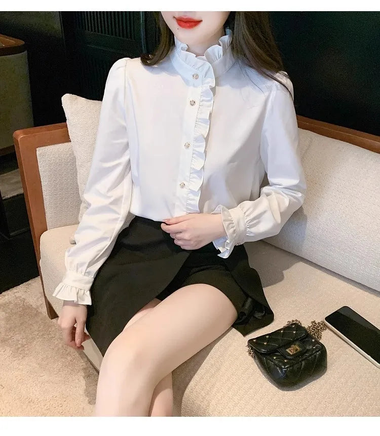 Elegant French style white women’s shirt, long sleeve top