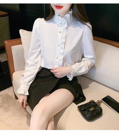 Elegant French style white women’s shirt, long sleeve top