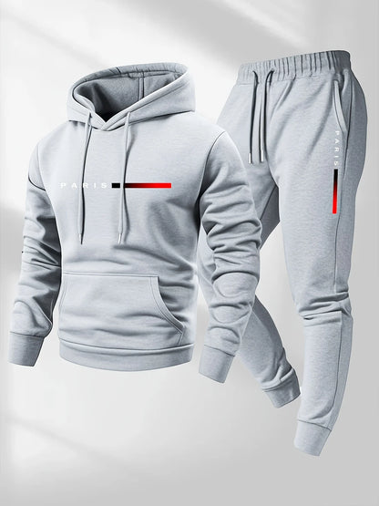 Men's Paris Letter Fleece Hoodie & Pants Set – Casual Sportswear