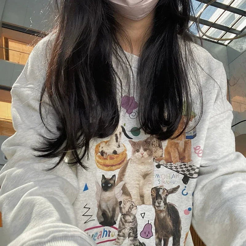 Milk Cat Graphic Sweatshirt for Women – Autumn Winter Streetwear