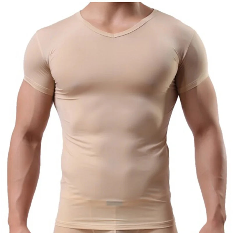 Men's Ice Silk Mesh See-Through Undershirt Sexy Fitness Tee