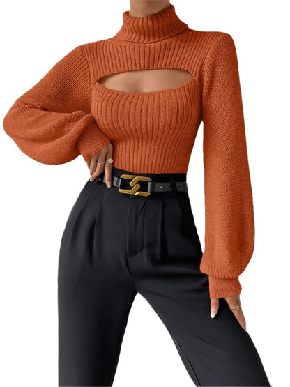 Sexy loose sweater with high neck and hollow design