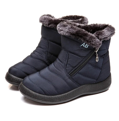 Stylish women's ankle boots with fur, low heels, waterproof winter shoes