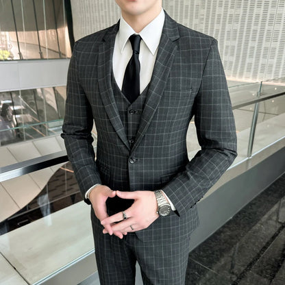 Men’s Plaid 3-Piece Suit Business Wedding Elegant Fashion Set