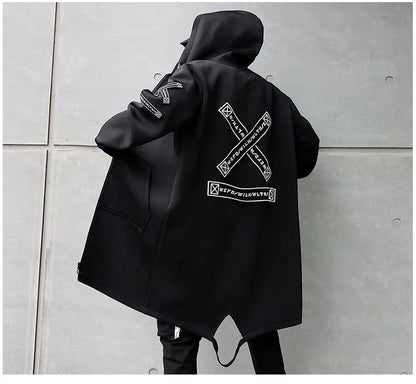 Men 5XL Hooded Long Jacket, Black & White, Hip Hop Streetwear