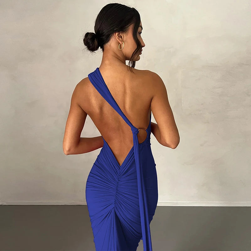 Hugcitar One Shoulder Backless Ruched Maxi Dress Women Y2K