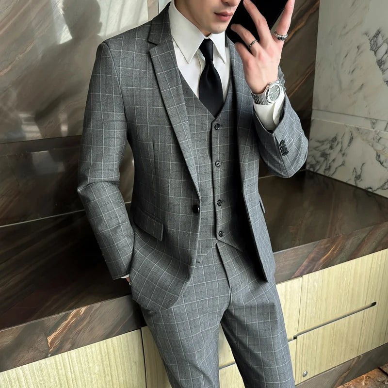 Men’s Plaid 3-Piece Suit Business Wedding Elegant Fashion Set