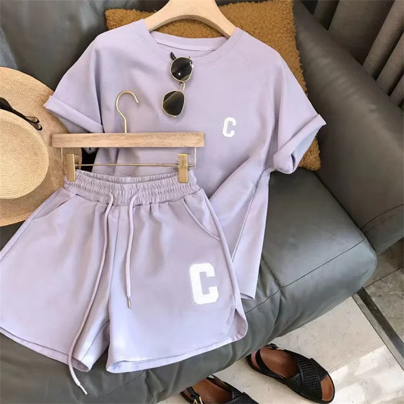 Women C Letter Tracksuit – Tee & Shorts Set