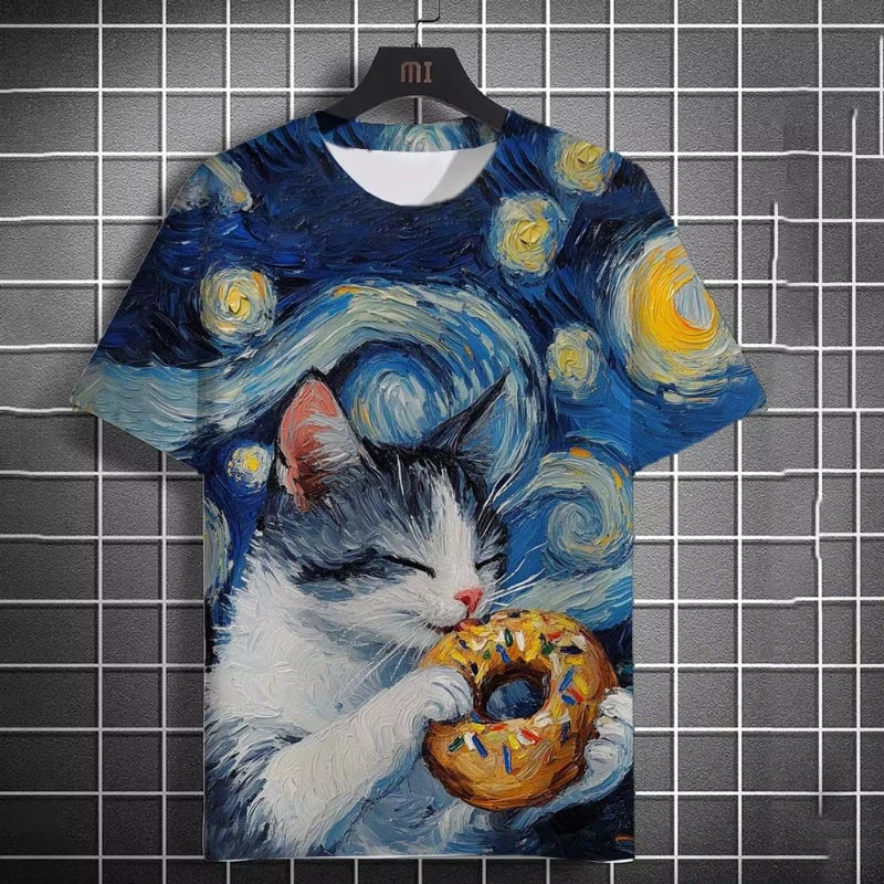 Oversized 3D Cat Print Tee – Unisex Summer Fashion