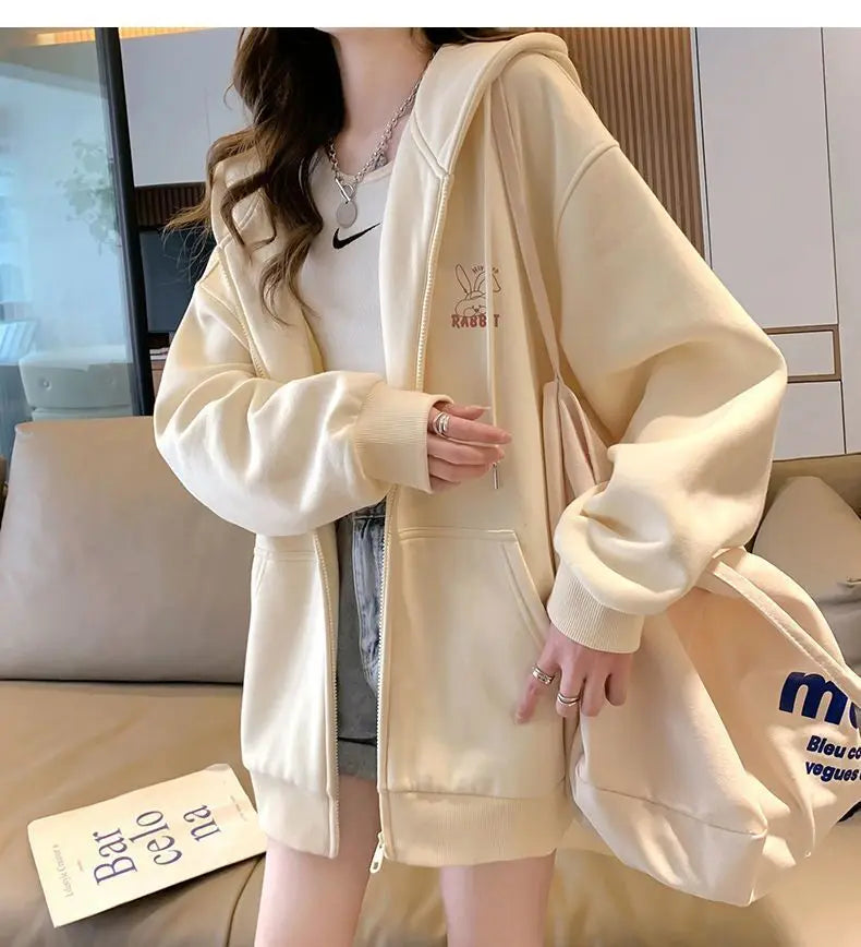 Women Embroidered Zip-Up Hoodie Casual Loose Streetwear Sweatshirt