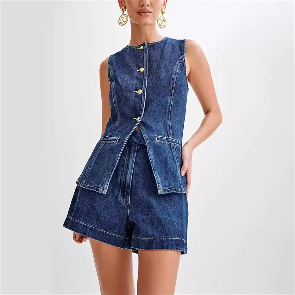 Women's Summer Denim Shorts Set Sleeveless Top & High Waist Shorts