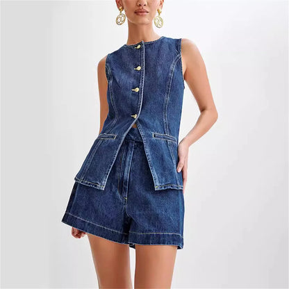 Women's Summer Denim Shorts Set Sleeveless Top & High Waist Shorts