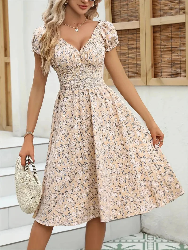 Women's Summer Floral Dress – Fluffy Cuffs & Pleated Waist