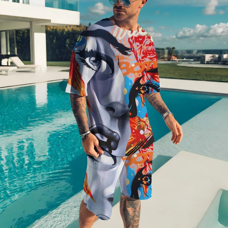 Men’s 2-Piece Summer Casual Set – 3D Print T-Shirt & Shorts