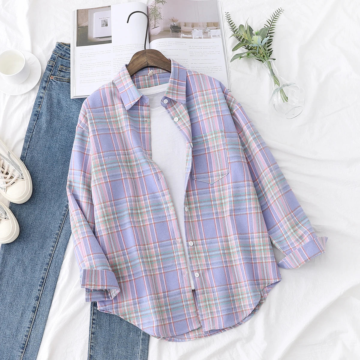 Women's plaid flannel shirt, loose fit, spring casual style