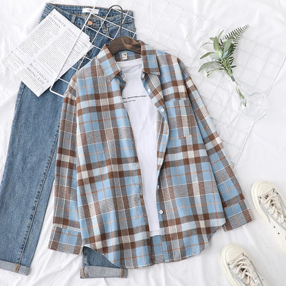 Women's plaid flannel shirt, loose fit, spring casual style