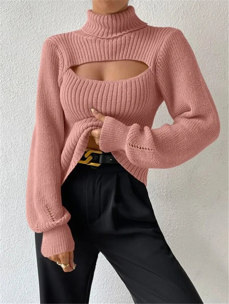 Sexy loose sweater with high neck and hollow design