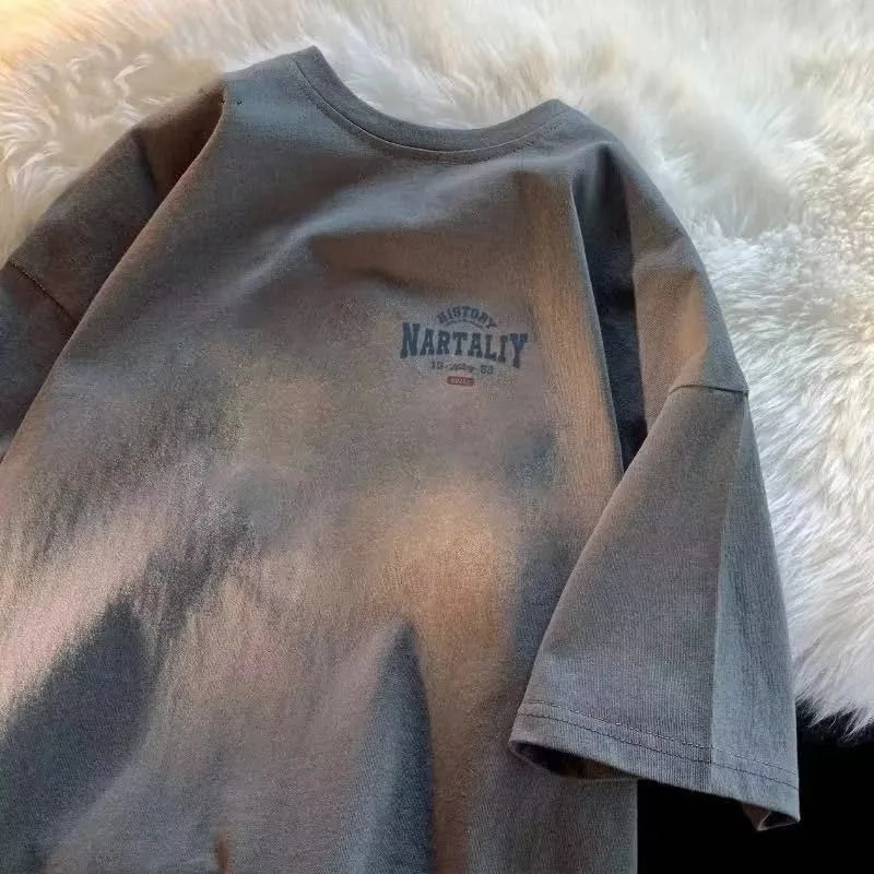 Men’s Oversized Vintage Letter T-Shirt – Casual & Couple Outfit