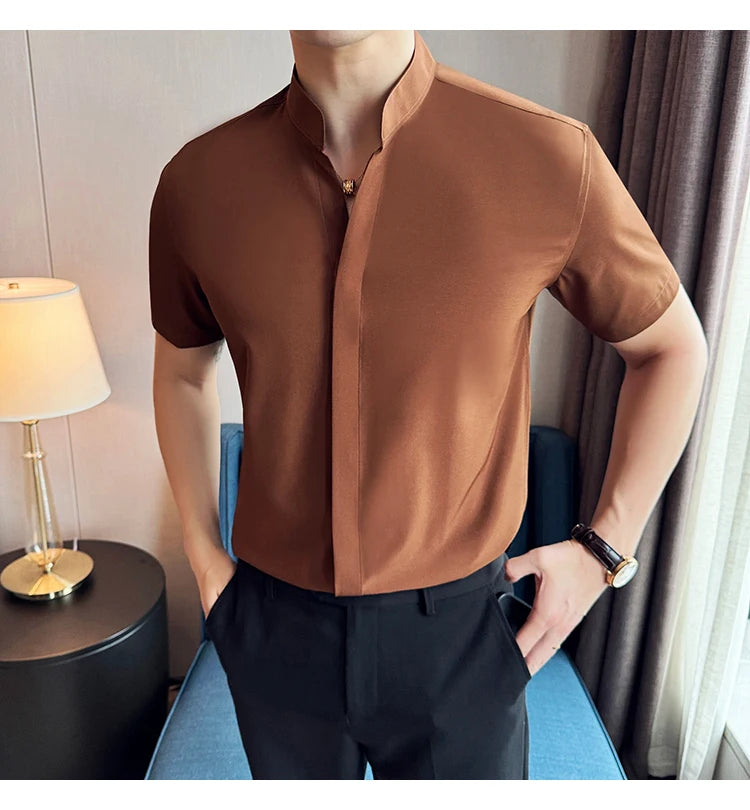 Men’s stand collar V-neck stretch shirt white fashion