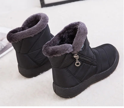 Stylish women's ankle boots with fur, low heels, waterproof winter shoes