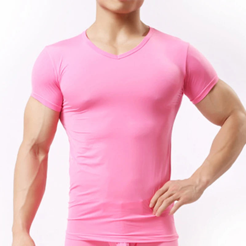 Men's Ice Silk Mesh See-Through Undershirt Sexy Fitness Tee