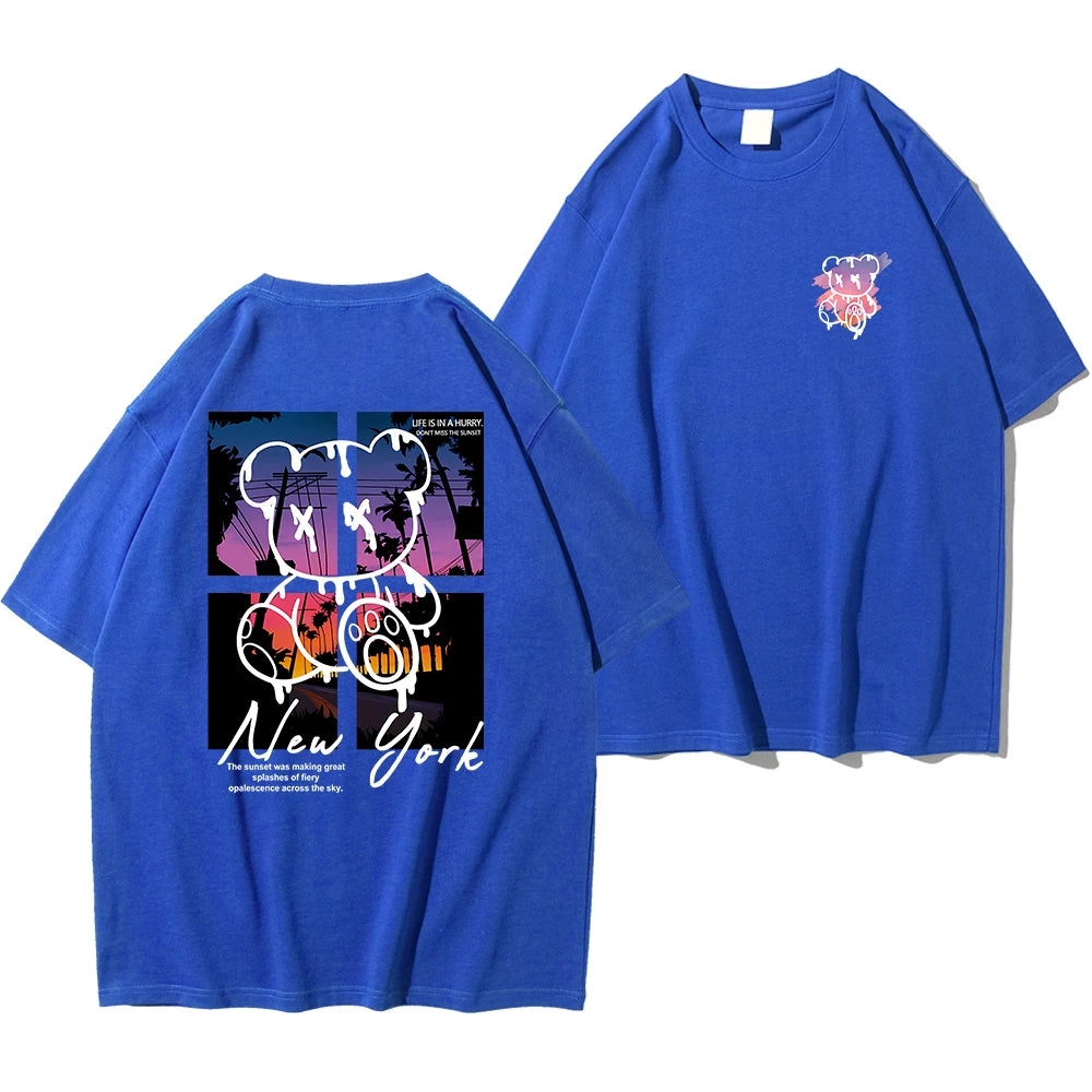 New York Art Cartoon Bear Sunset Cotton T-Shirt