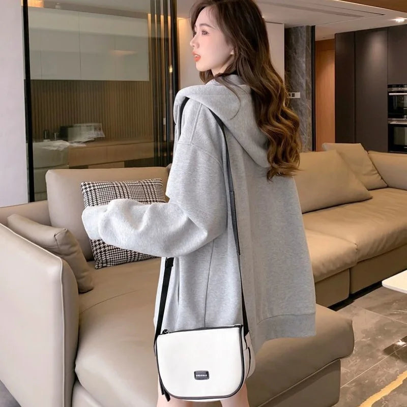 Women Embroidered Zip-Up Hoodie Casual Loose Streetwear Sweatshirt