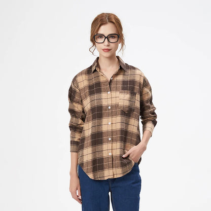 Women's plaid flannel shirt, loose fit, spring casual style