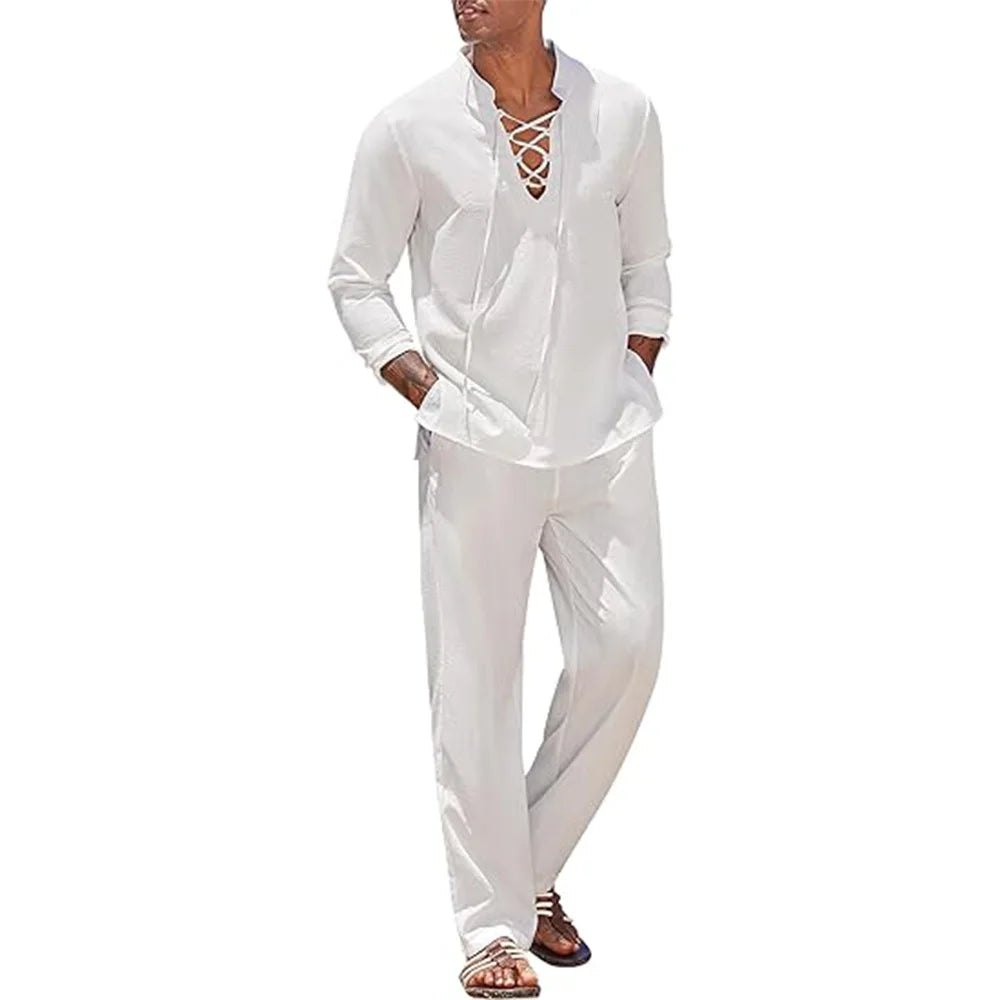 Men’s 2pcs Cotton Linen Beach Set Shirt & Pants