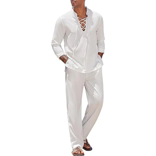 Men’s 2pcs Cotton Linen Beach Set Shirt & Pants