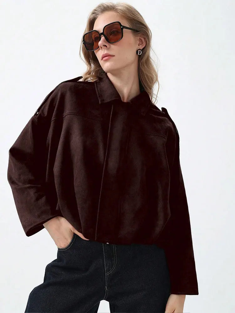 HH Women Vintage Brown Suede Zipper Coat