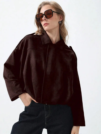 HH Women Vintage Brown Suede Zipper Coat