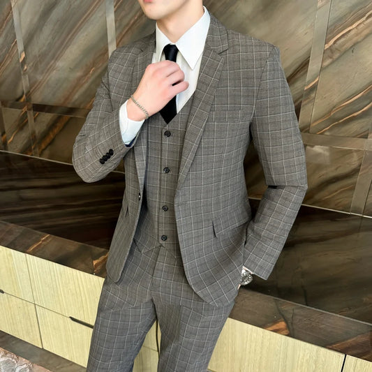 Men’s Plaid 3-Piece Suit Business Wedding Elegant Fashion Set
