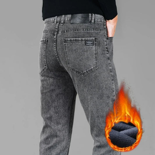 en’s winter fleece jeans, warm, loose straight fit casual and versatile