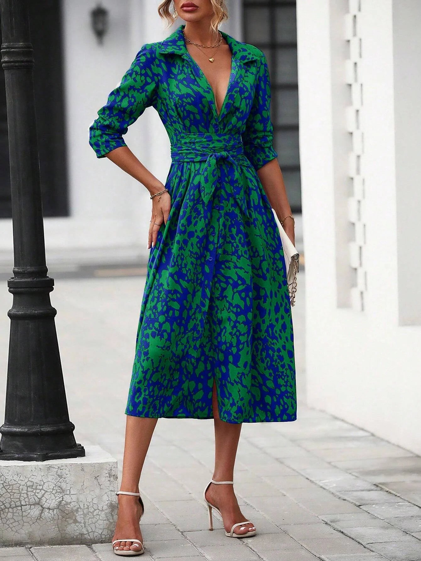 Elegant belted midi shirt dress, long sleeve, office casual