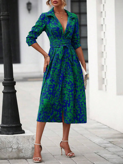 Elegant belted midi shirt dress, long sleeve, office casual