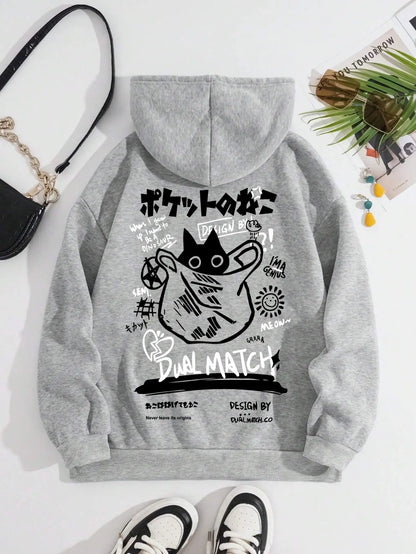Cute Cat Cartoon Hoodie for Women – Casual Harajuku