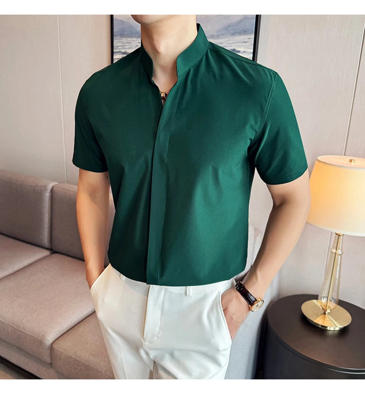 Men’s stand collar V-neck stretch shirt white fashion