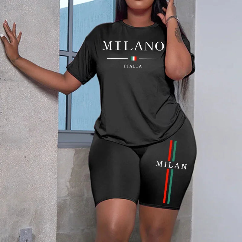 Milan Letter Women's Summer T-Shirt & Shorts Set