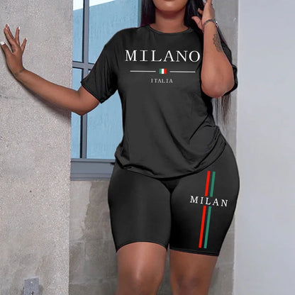 Milan Letter Women's Summer T-Shirt & Shorts Set