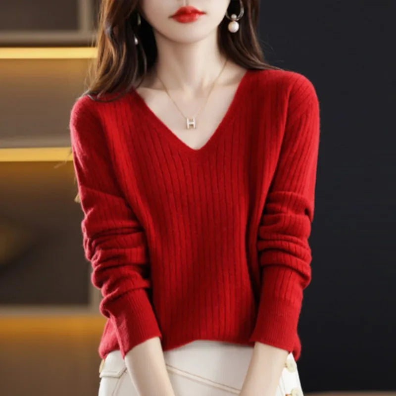 Women V-Neck Knitted Sweater Long Sleeve Top