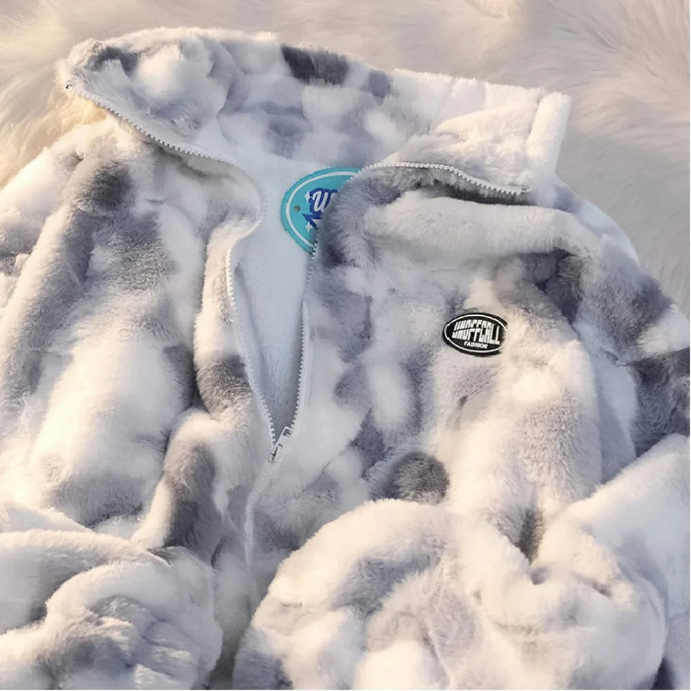Women Tie Dye Fleece Jacket Warm Casual Winter Coat