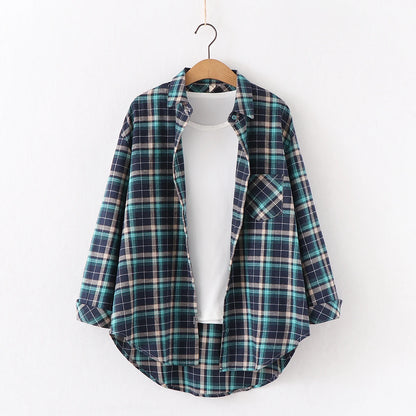 Women's plaid flannel shirt, loose fit, spring casual style