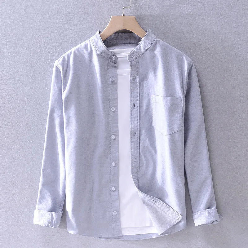 Men’s cotton Oxford shirt, stand collar, casual, comfortable white