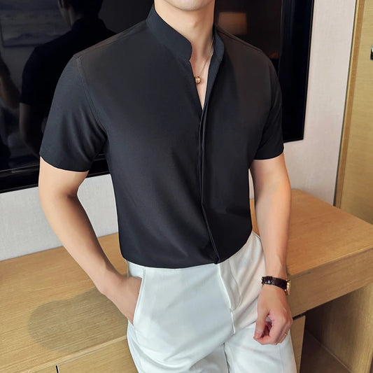 Men’s stand collar V-neck stretch shirt white fashion