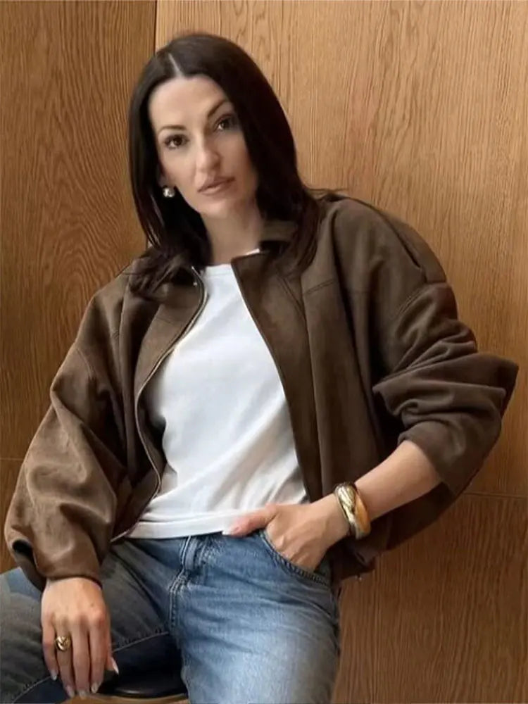 HH Women Vintage Brown Suede Zipper Coat