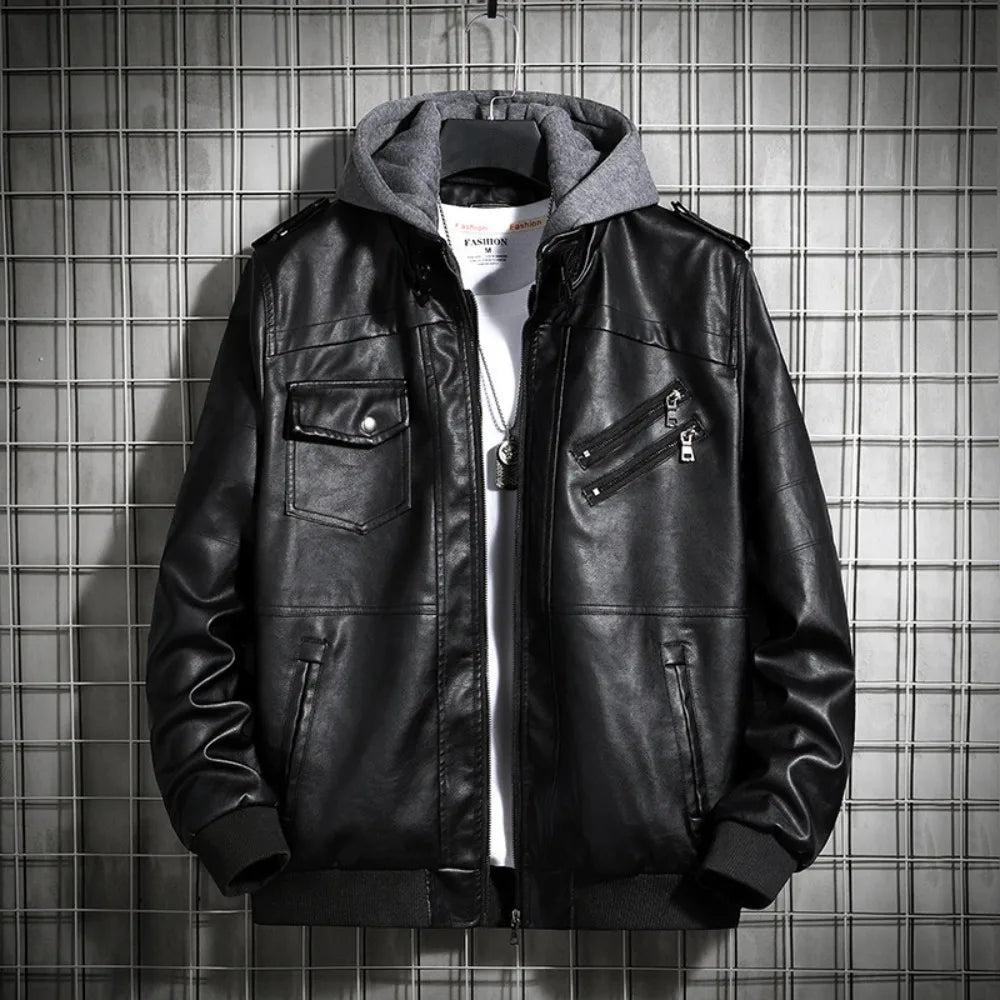 Men’s Hooded PU Leather Jacket – Winter Coat